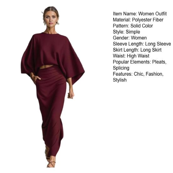 Summer 2 Piece Skirt Sets for Women Batwing Long Sleeve Top