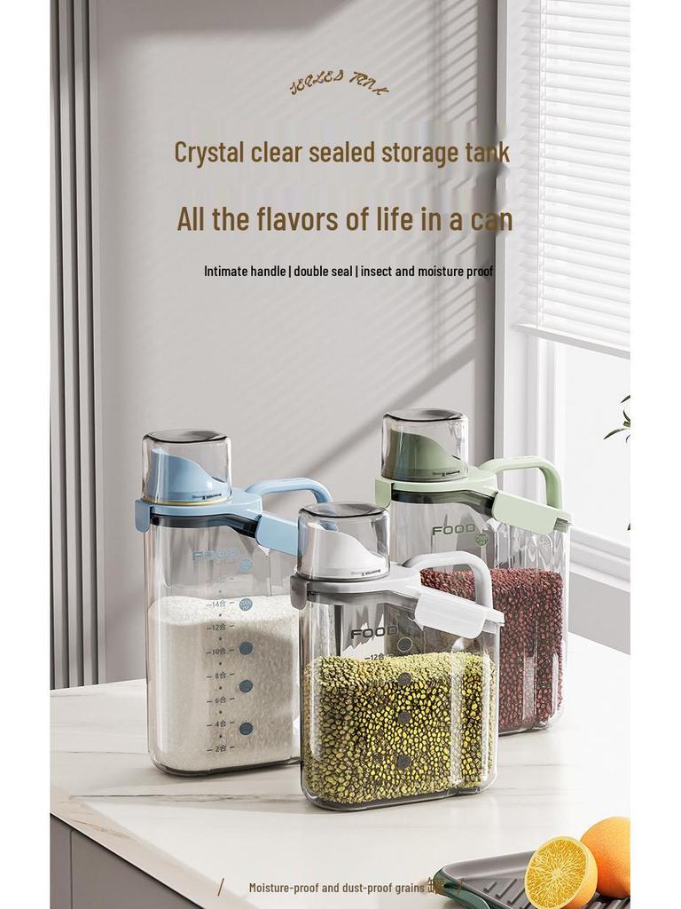 Multi-Grain Storage Canister with Measuring Cup - Sealed Plastic Container for Rice, Flour, and Grains