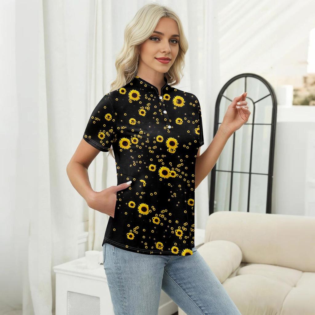 Women's Casual Floral Print V-Neck Short Sleeve Decorative Button T-Shirt Top