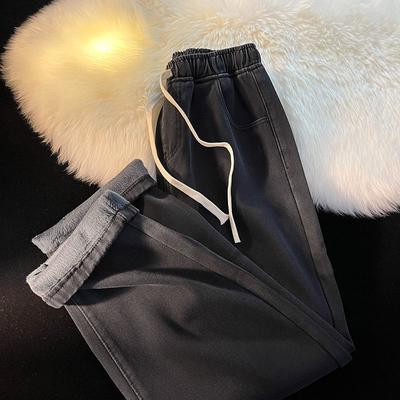 Heren Herfst en Winter Gewatteerde en Verdikte Jeans Effen Kleur Losse Warme Elastische Taille Wijde Pijpen Rechte Broek