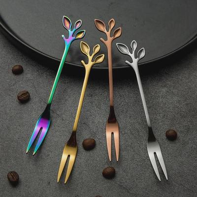 Set di cucchiai e forchette in acciaio inossidabile Golden Leaf - Cucchiaino piccolo da caffè, da mescolare, da dessert con forchetta da frutta creativa