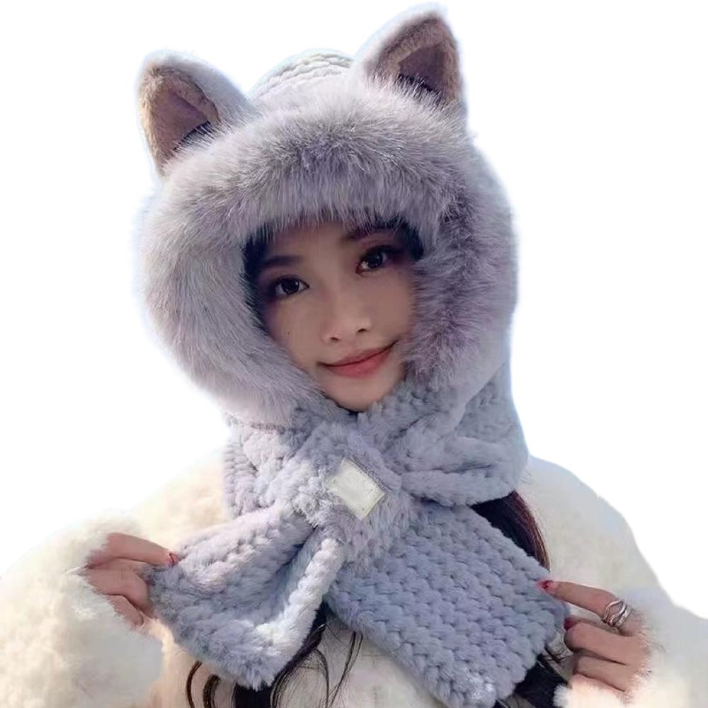 Cute Fox Ears Plush Baotou Ear Protection Winter Warm Hat Collar Scarf Integrated Winter Autumn Winter