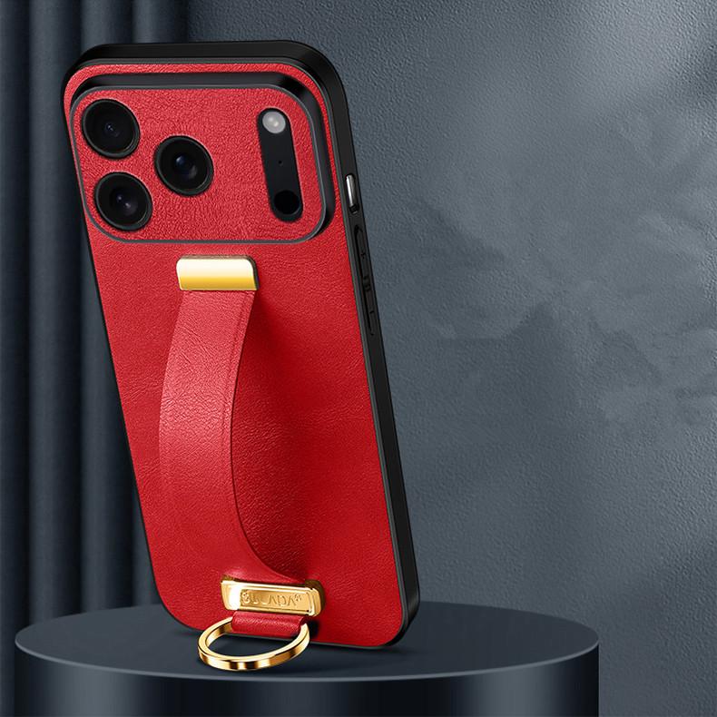 Elegant Wristband Leather Case For iPhone 17 Air 16 Pro Max 15 Plus Streatchable Stand Cover Elegant Business Finger Ring