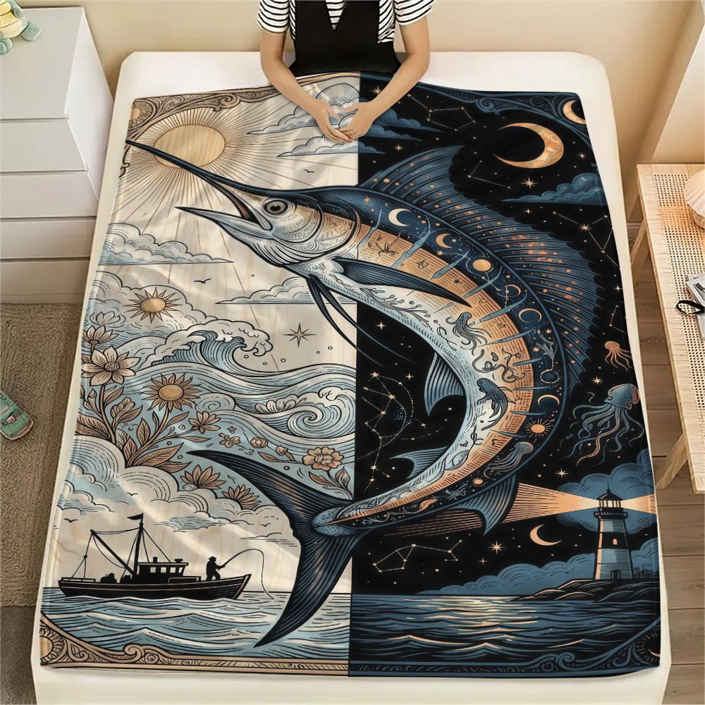 1PC Underwater World Print FlAannel Blanket, High Quality Comfortable for All Seasons, Home Decor, Warmth and Comfort