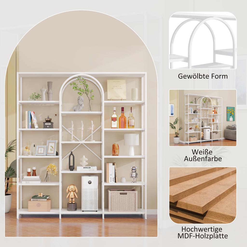 160 x 30 x 180 cm Shelf in Modern, Minimalist Style, Made of Steel Tubes and MDF, Multiple Storage Compartments, Rectangular + Arch Design, White