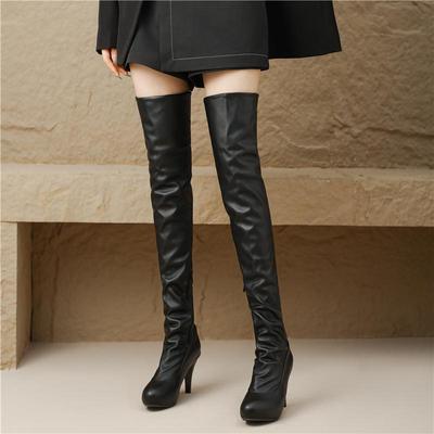 Women's High Heeled Boots, Round Toe, Thin Heel, Solid Color, Autumn and Winter New Boots, Oversized Knee Length Boots