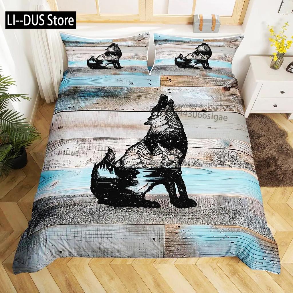 Wolf Bettbezug Einzelbett King Size, Heulende Wölfe Wildtier Bettwäsche Set Aurora Tiere Galaxie Druck Deckenbezug Für Kinder Jungen
