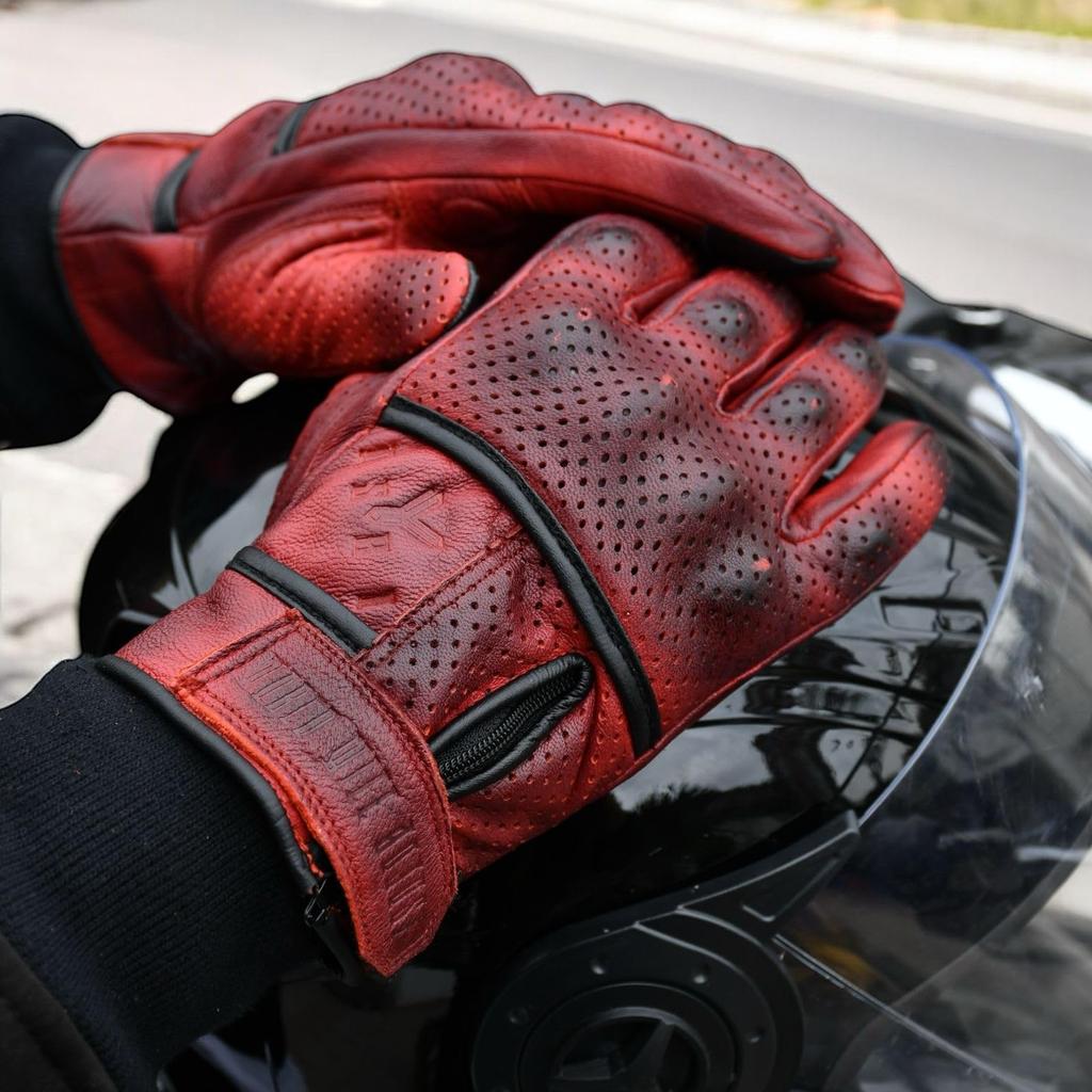 Genuine Leather Motorcycle with Goat Motorcycle Perforated Leather Gloves, Perforated, Breathable, Protectors, Leather, Gloves, (DIRTY RED, M)