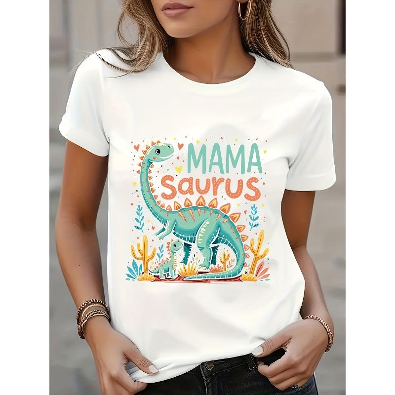 Women's Dinosaur & Cactus Print Tee Soft Stretch Fabric Loose Fit Round Neck Casual Mom Top