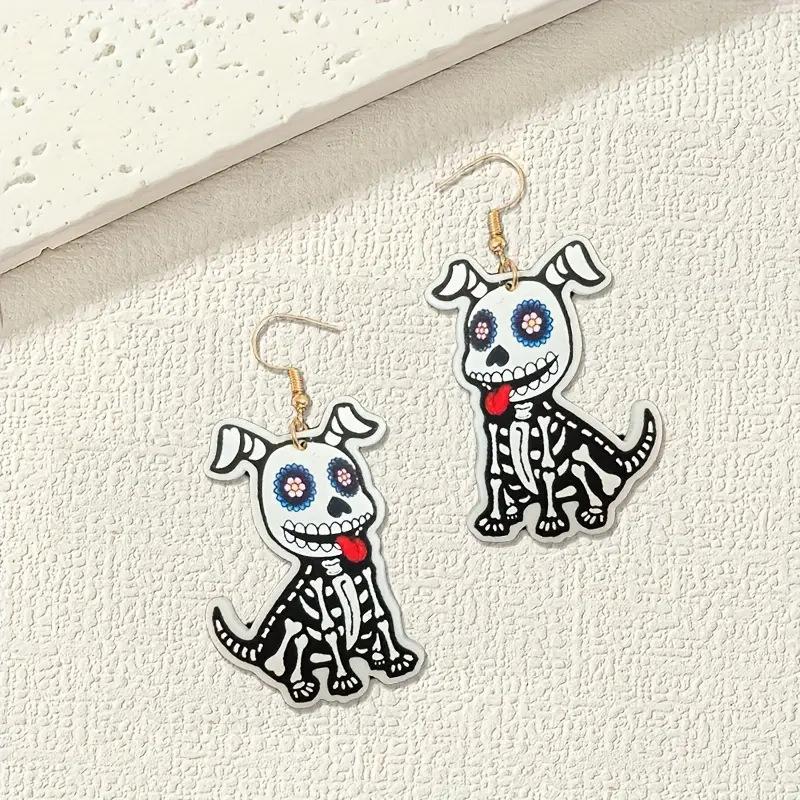 Cross-border new skeleton dog earrings gothic horror style flat acrylic Halloween animal earrings ornaments