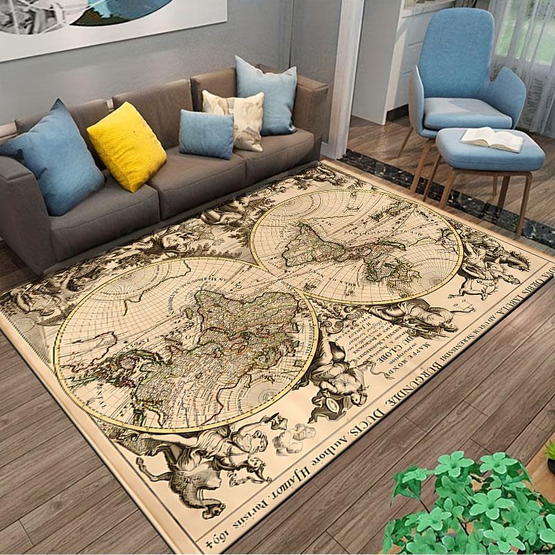 Vintage World Map Carpet Design suitable as a non-slip mat for the living room or bedroom sofa
