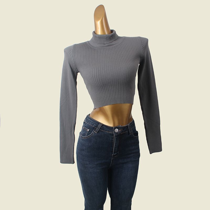 South Korea Fashion Brand H Home High Neck Short Knitwear Winter Bare Midriff Slim Fit Sunken Stripe Sexy Sexy Top Female