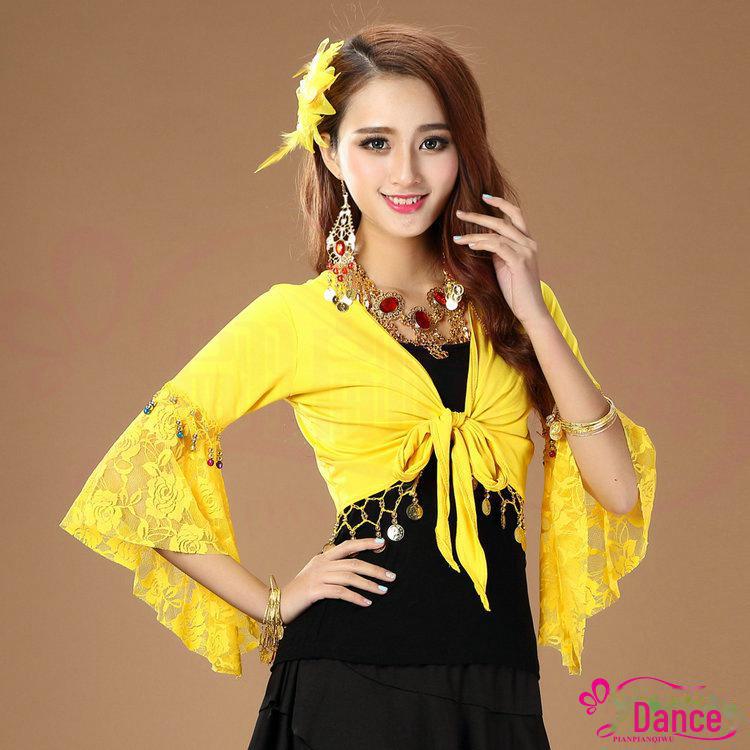 

Костюм для занятий беллидансом с кружевными рукавами-трубами и шалью для танцев квадратной формы XL жёлтый