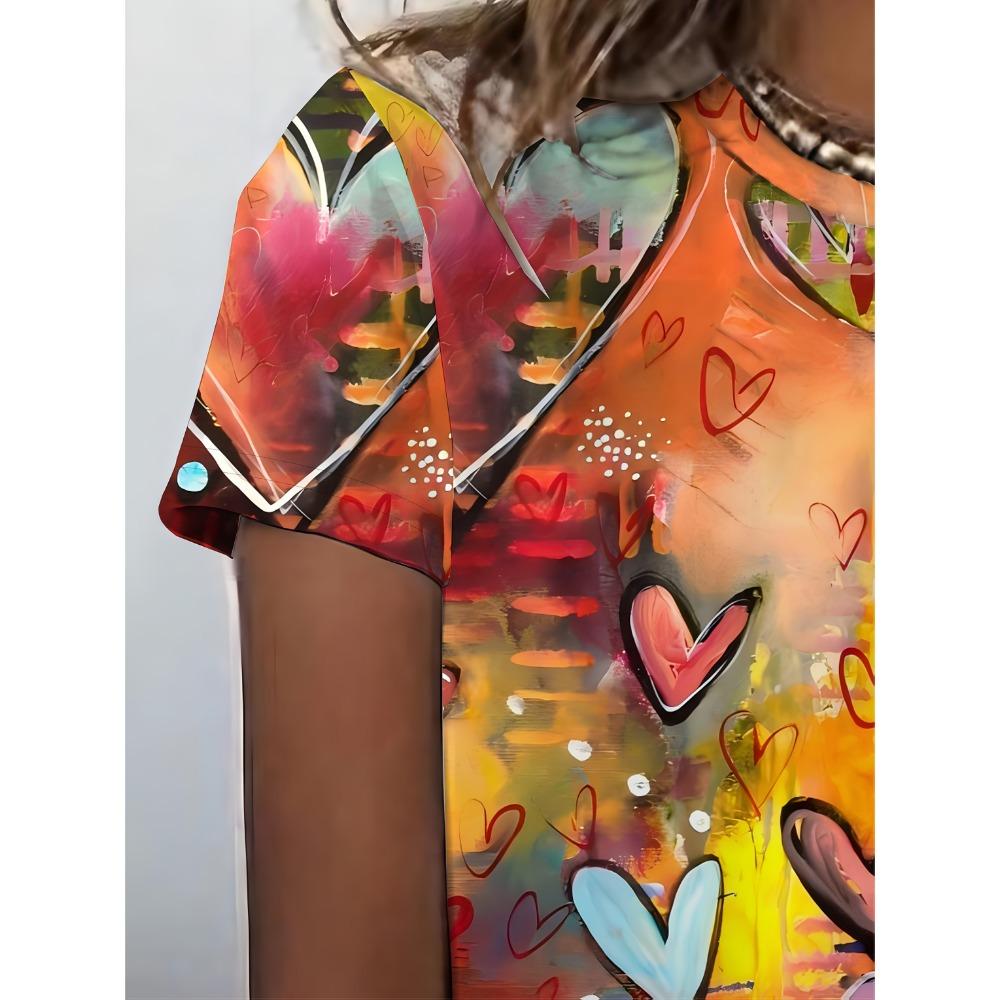 Women's hand-painted heart graffiti printed T-shirt - bright and colorful short-sleeved crew neck top,