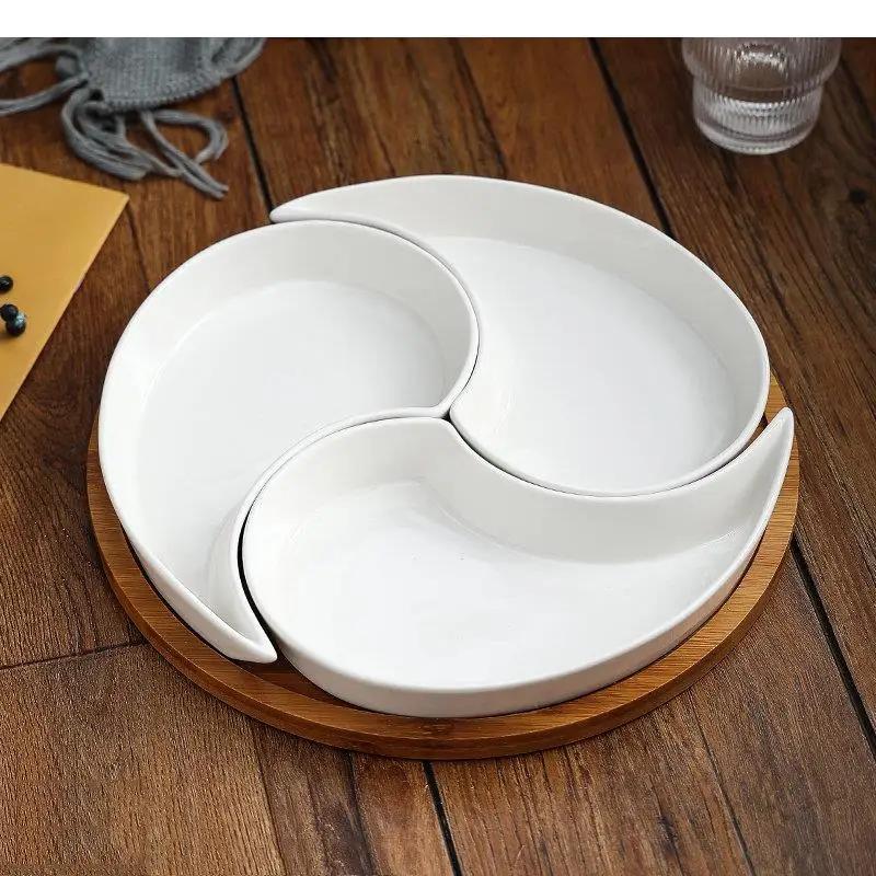 Multi Grid Ceramic Fruit Platter Wooden Tray Snacks Dessert Plates Home Tableware Dried Nut Candy Kitchen Accessories