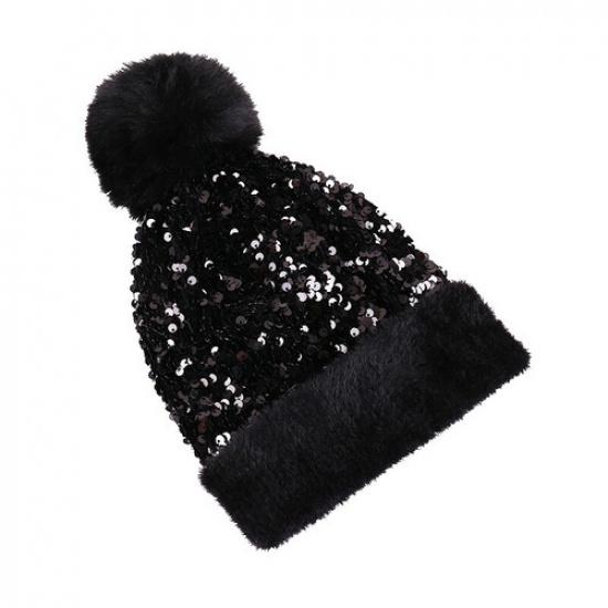 Women Warm Faux Fur Beanie Bobble Pom Pom Hat Sequin Cute Ski Snow Winter Hat