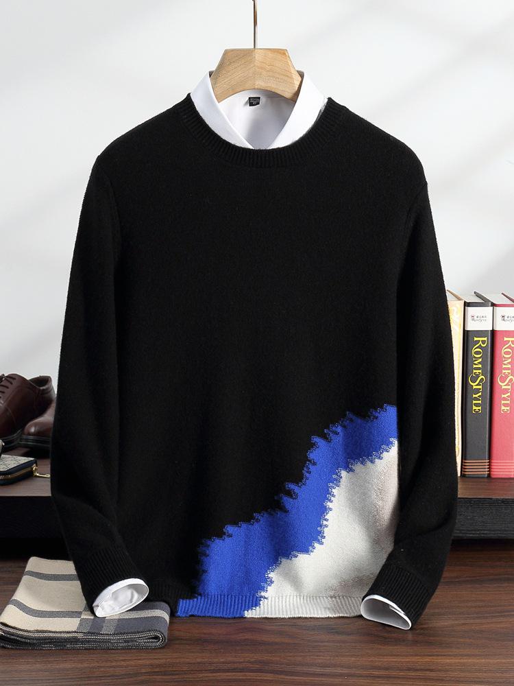 2025 Men's Autumn/Winter Color Block Cashmere Knit Jacquard Sweater - Loose Long Sleeve Base Layer