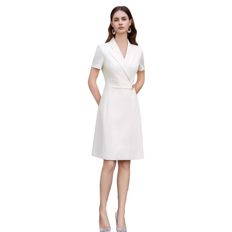 Women's Professional White Summer Dress - Short Sleeve & Waist-Slimming Design for Office Wear