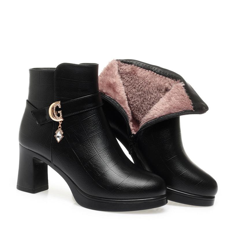 Fashion Winter Women Soft Leather Ankle Boots Thick Plush Warm Snow Short Boots Mother Non-slip High Heel Shoe