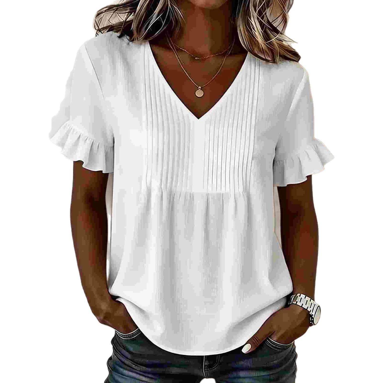 Women s V Neck Ruffle Short Sleeve Loose Pleated Solid Casual Blouse Top S белый