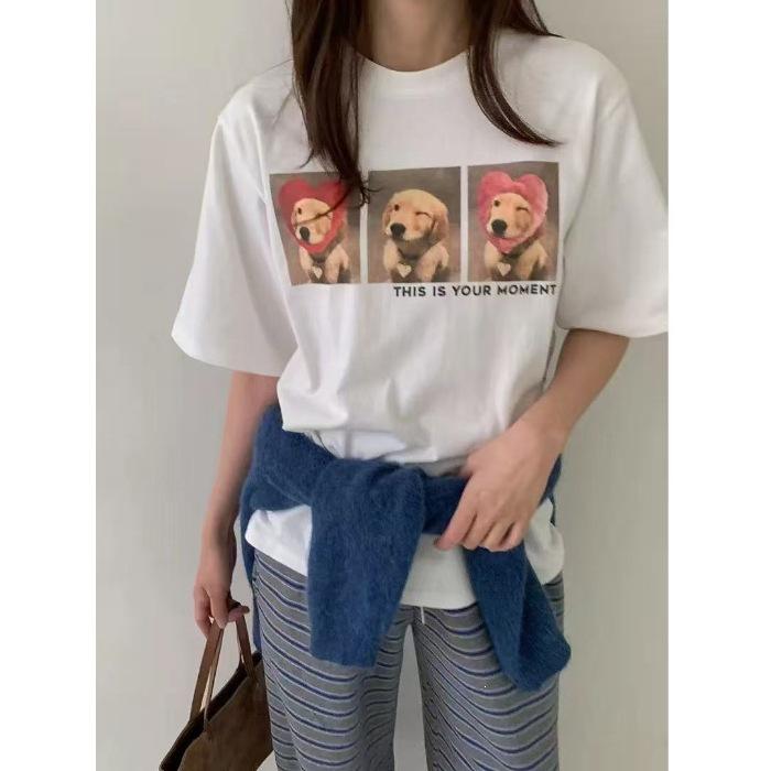 Casual and Versatile Cartoon Print Short-sleeved T-shirt for Summer Women s New Style Loose Oversized Top M