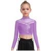 Mädchen Jazz Tanzaufführungskostüm Stehkragen Langarm Transparentes Mesh Patchwork Glänzende Pailletten Crop Top Tanzbekleidung