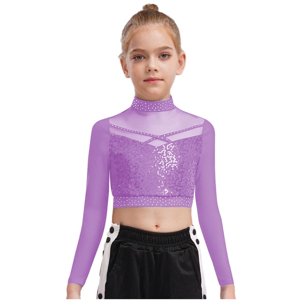 Mädchen Jazz Tanzaufführungskostüm Stehkragen Langarm Transparentes Mesh Patchwork Glänzende Pailletten Crop Top Tanzbekleidung
