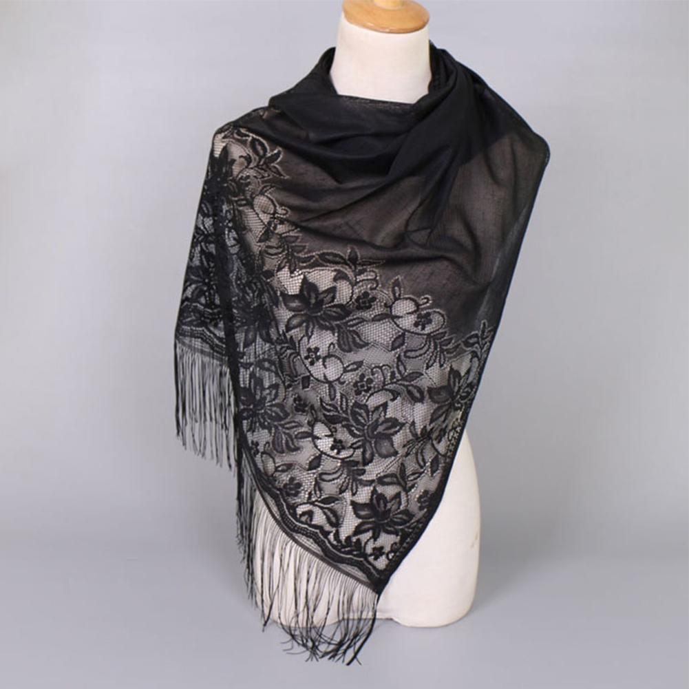Women Fashion Elegant Solid Color Lace Hollow Tassel Muslim Scarf Headscarf