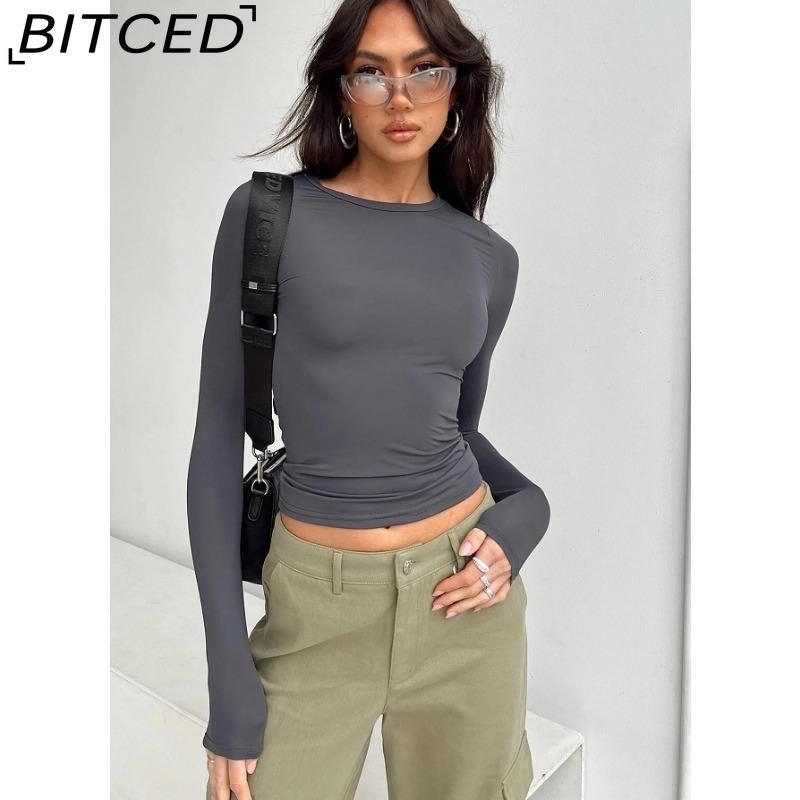 BITCED Women's Spring/Autumn T-Shirt Solid-Colour O-Neck Base Layer Slim-Fit Long-Sleeved Top