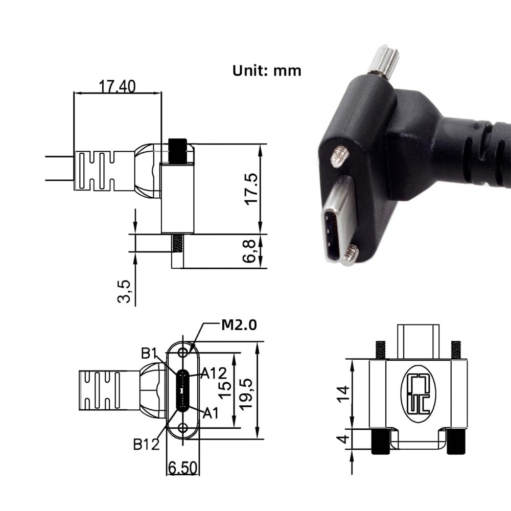 xiwai 30cm Angle Extension Cable with Dual Screw Locking for Standard USB 90 Degree for Cameras Down-Up USB-C 3.0, Angled,