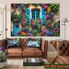 2D Vibrant Flower Stone Wall Backdrop, Blue Window Floral Cottage Party Banner