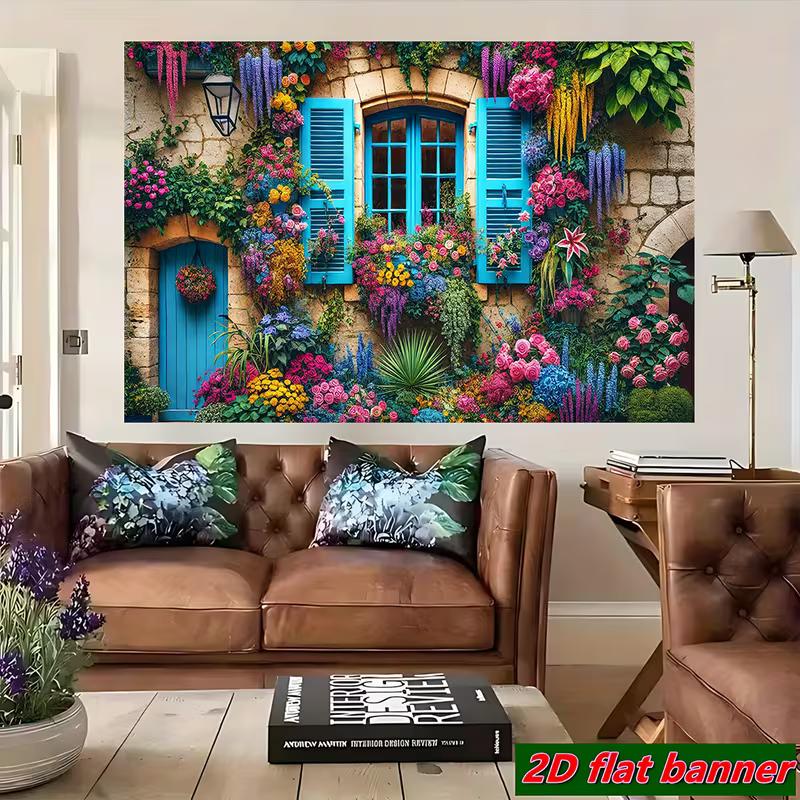 2D Vibrant Flower Stone Wall Backdrop, Blue Window Floral Cottage Party Banner