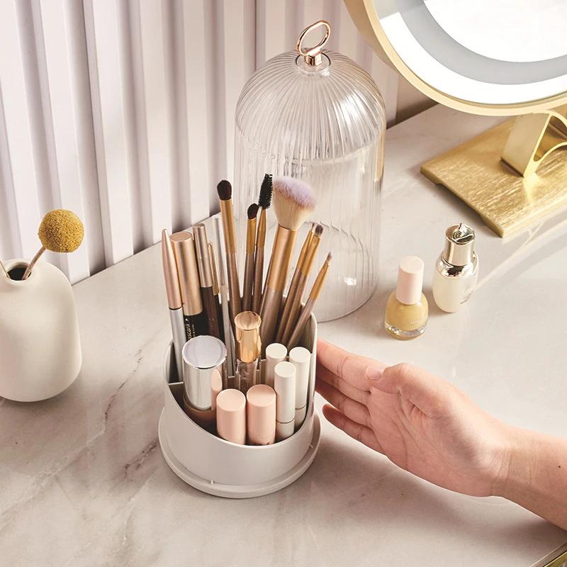 360° Rotating Makeup Brush Holder With Lid Desktop Makeup Organizer Cosmetic Storage Box Lipstick Eyebrow Storage Container Box