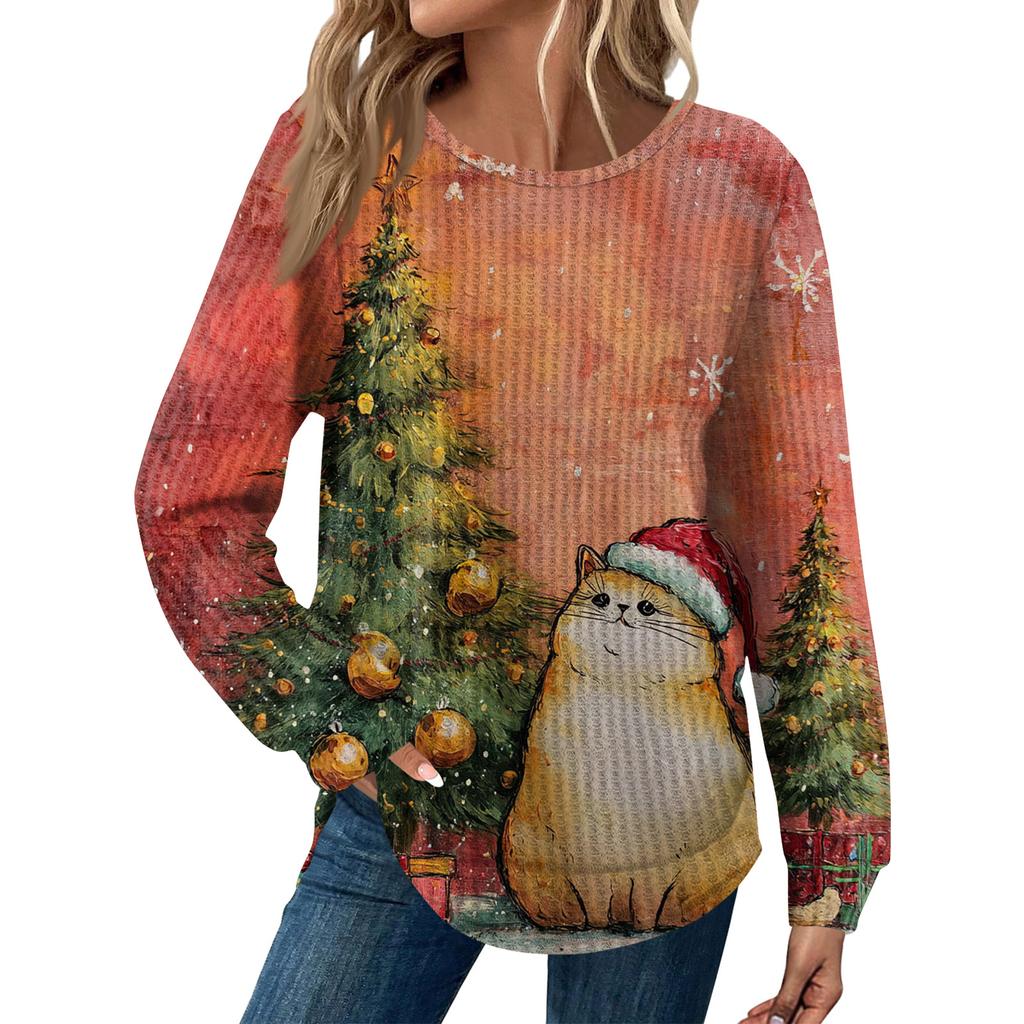 Women's Fashion Long Sleeve Christmas Loose Long Sleeve Round Neck Casual Top