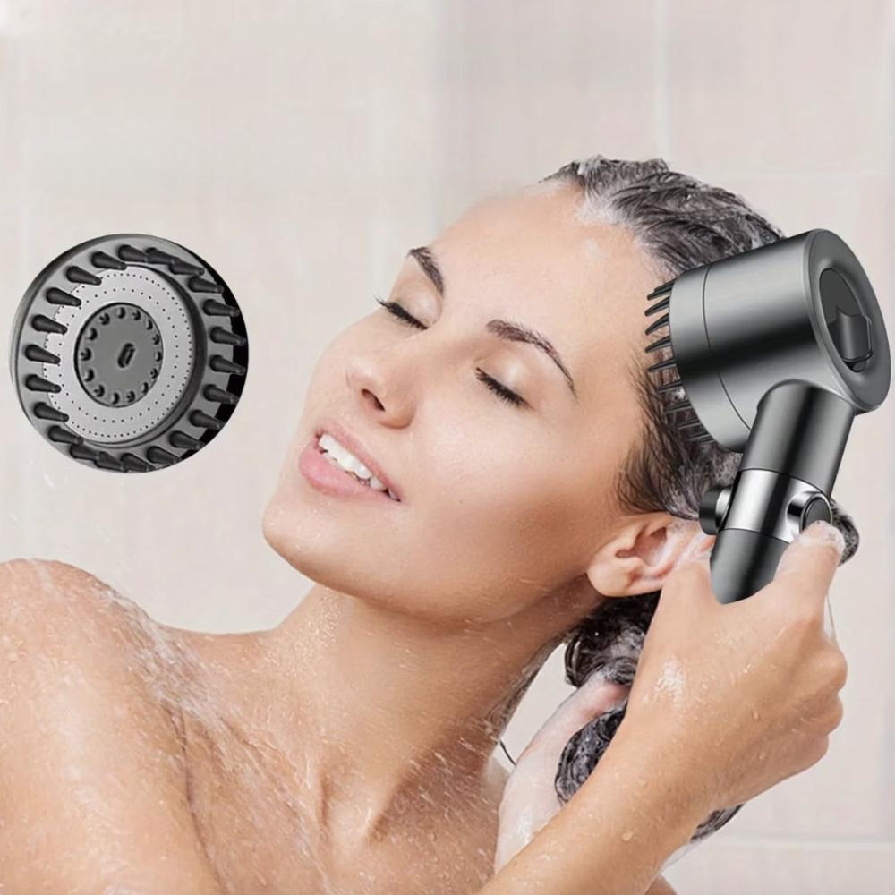 4-Mode Handheld Filter Shower Head Set - Adjustable Spray with Massage Brush, 1.5m Stainless Steel Hose, Adhesive Bracket