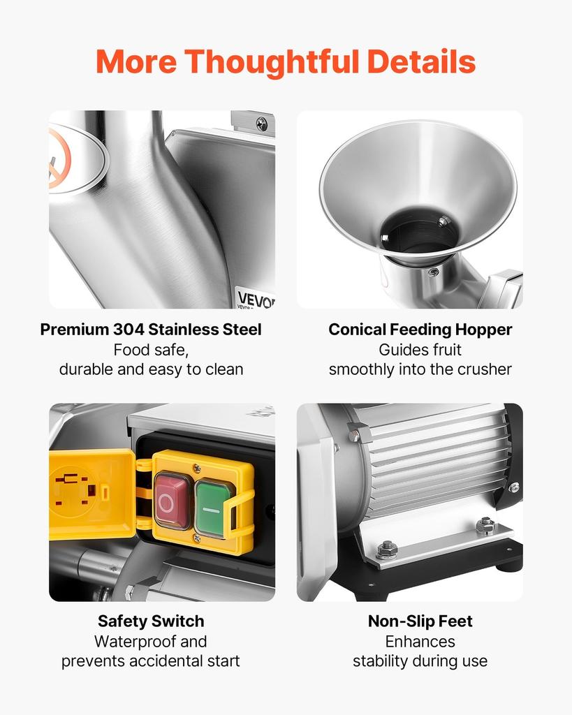 550W Electric Fruit Apple Crusher, SUS304 Desktop Crushing Machine, Grinds Whole Apples Up to 70mm Dia, 60 KG/H Capacity, Cider Press for Apples,