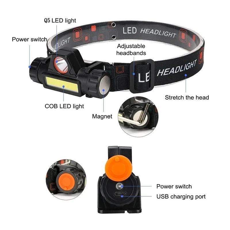 1-5PCS Portable Mini Powerful LED Headlamp XPE+COB USB Rechargeable Hunting Headlight Waterproof Head Torch with Tail Magnetic