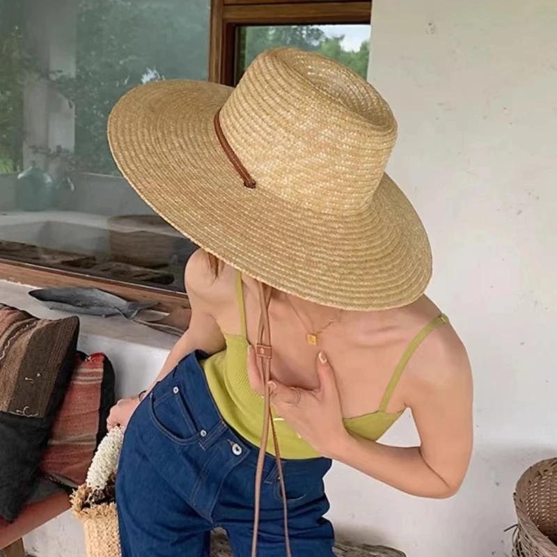 2025 New Belt Strap Straw Sun Hat For Women Fashion Vacation Beach UV Hats Summer Wide Brim Travel Panama Hats Outdoor Wholesale