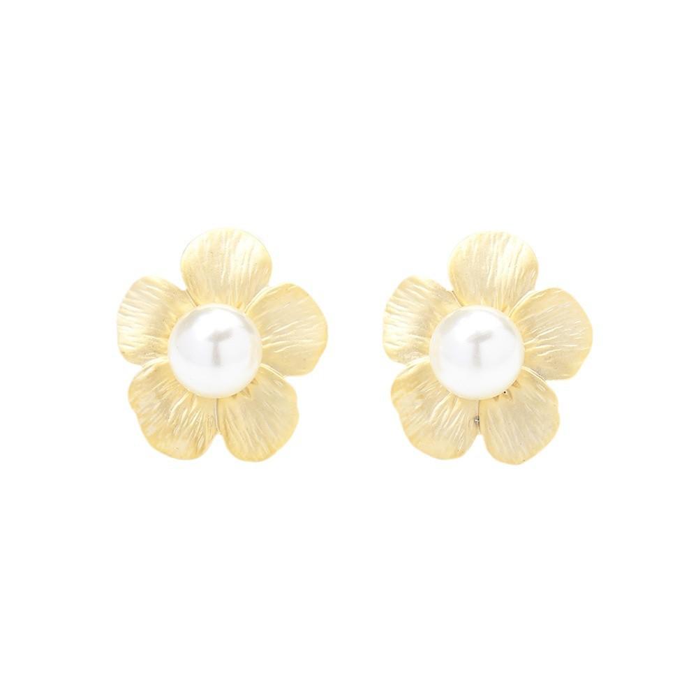 French retro matte gold and silver flower earrings temperament imitation pearl no earrings earclip earrings women's versatile