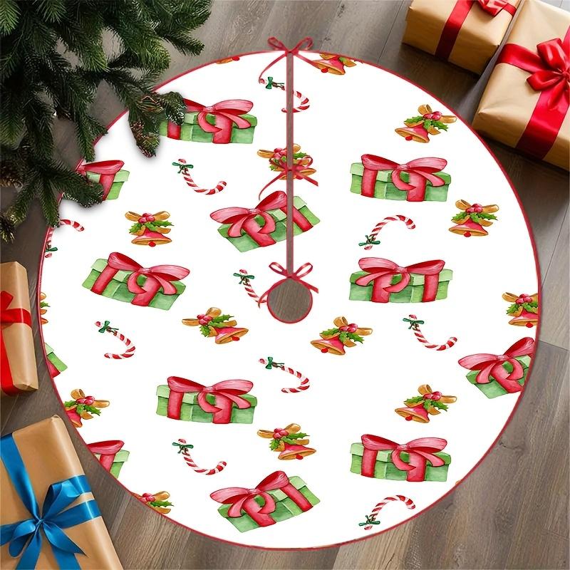2D Flat, 1pc Christmas Tree Skirt with Candy Cane and Bell Scattered on White Background, Featuring 2D Flat Print. Suitable for Christmas Trees, Holid