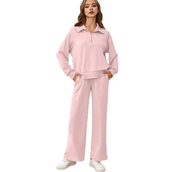 2 Pcs/Set Women Top Pants Set Lapel Solid Color Zipper Long Sleeves Sweatshirt Adjustable Waist Wide Leg Trousers Casual Trousers Set Spring