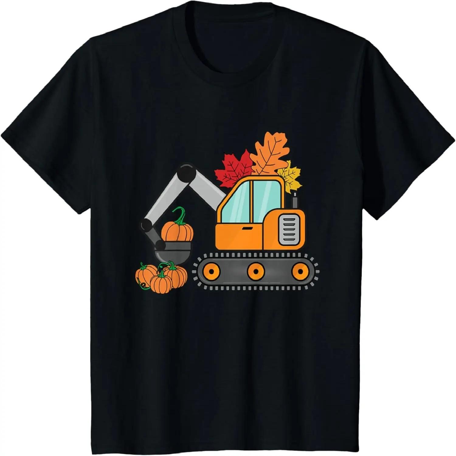 Kids Construction Vehicle Thanksgiving Cool Pumpkin Fall Autumn T-Shirt S