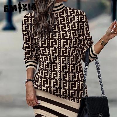 Women's Fashion Autumn Winter Print Long Sleeve V-Neck Half Turtleneck Casual Irregularity Dresses