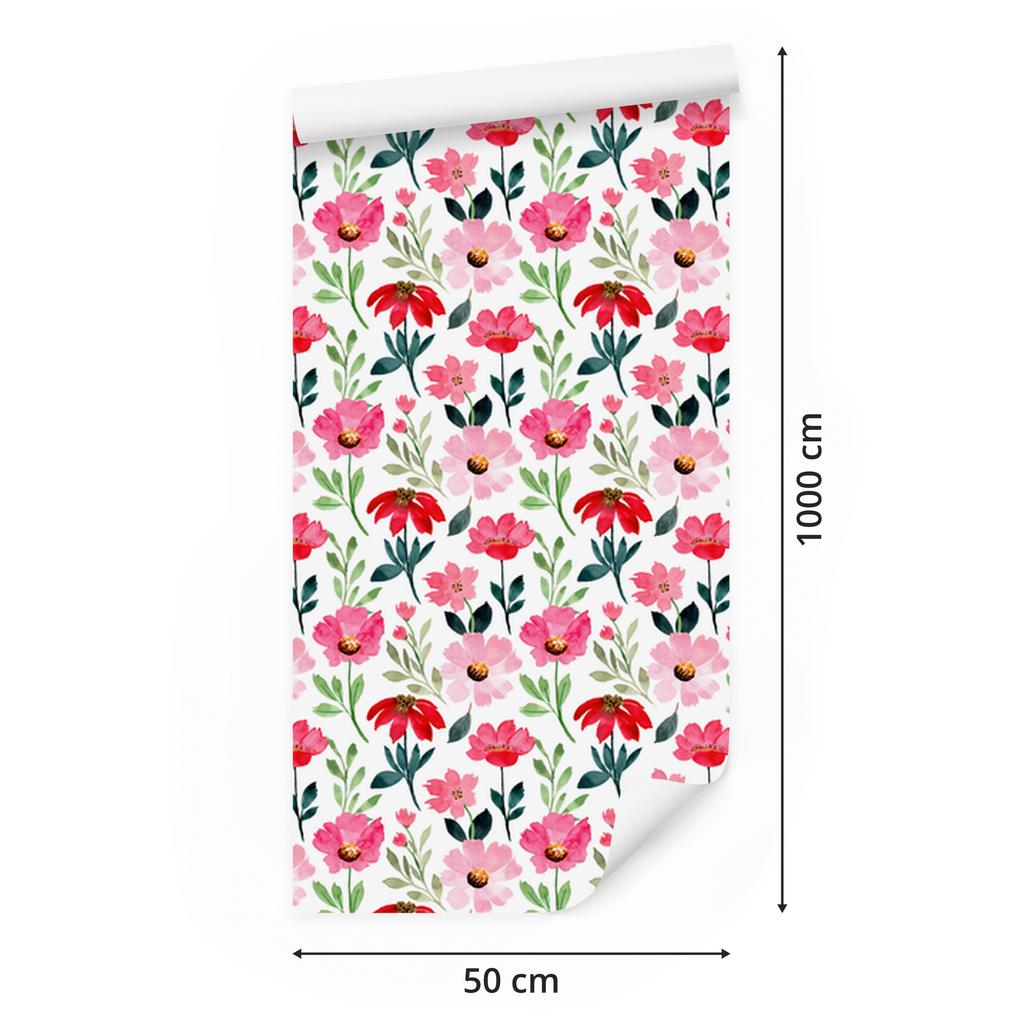 Wallpaper Flowers White, Powder Pink, Light Gray and Coral 50x1000