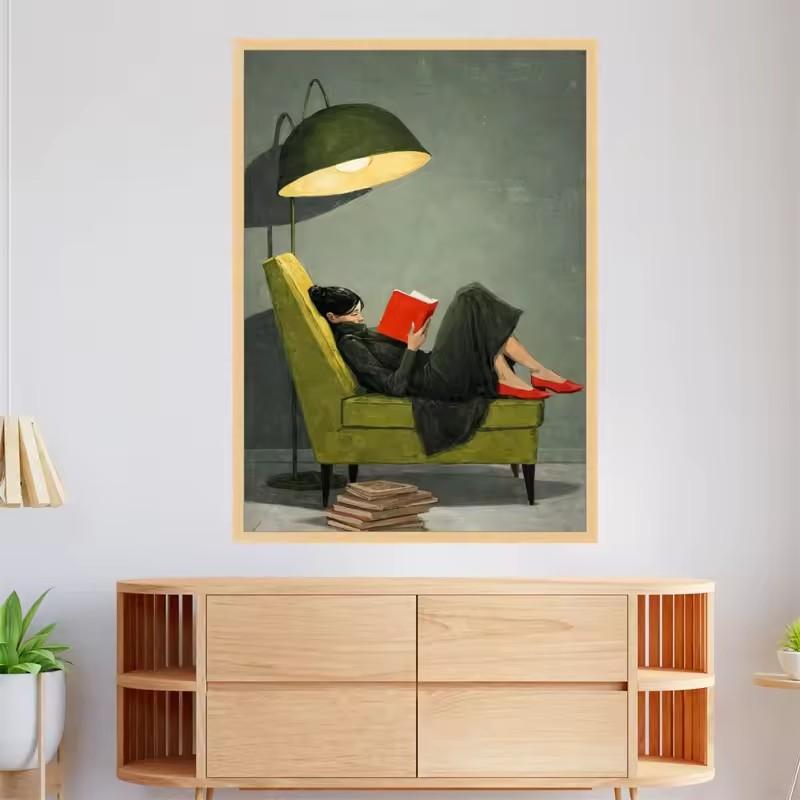 Vintage Woman Reading On Green Chair Canvas Poster Print Painting Modern Aesthetic Art Picture Living Room Wall Art Home