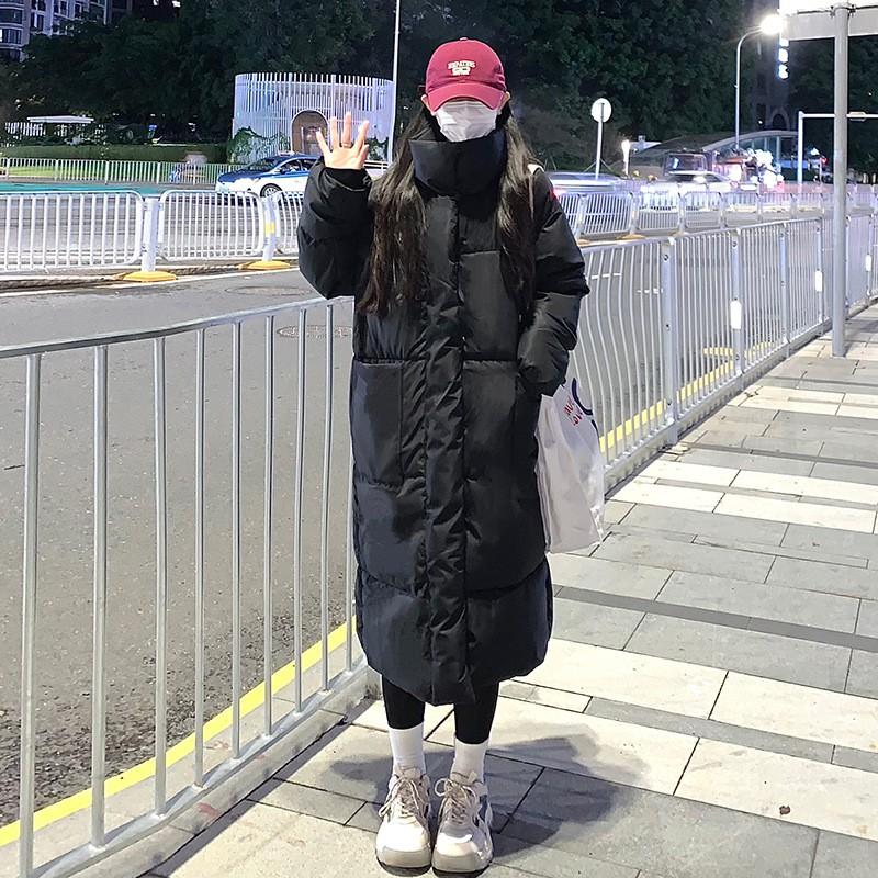 Womens Long Winter Coat Over-Knee Thick Puffer Cotton-Padded Outerwear Slim Fit Hoodless Stand Collar