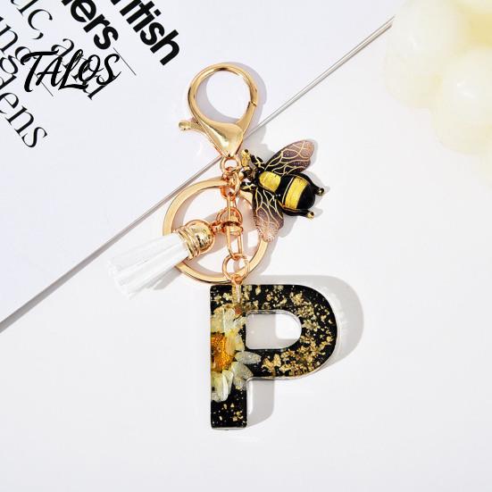 Talos Black Series Keychain Pendant, Dried Flower Initial Letter Charm Key Chain with Bee Tassel Design, A-Z Holder for Bag Purse Backpack