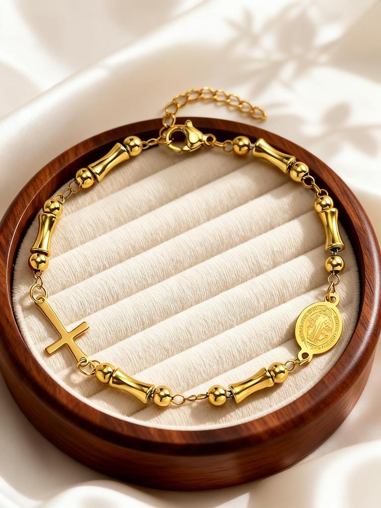 Rosenkranz Str. Benedikt Bambus Perlen Kreuz Armband für Damen Katholisch Religiös Gebets Schmuck Vergoldetes Edelstahl Armbänder