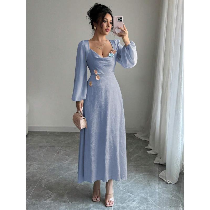 Three-dimensional flower swing collar waist long dress women s 2026 summer new fashion temperament skirt S синий