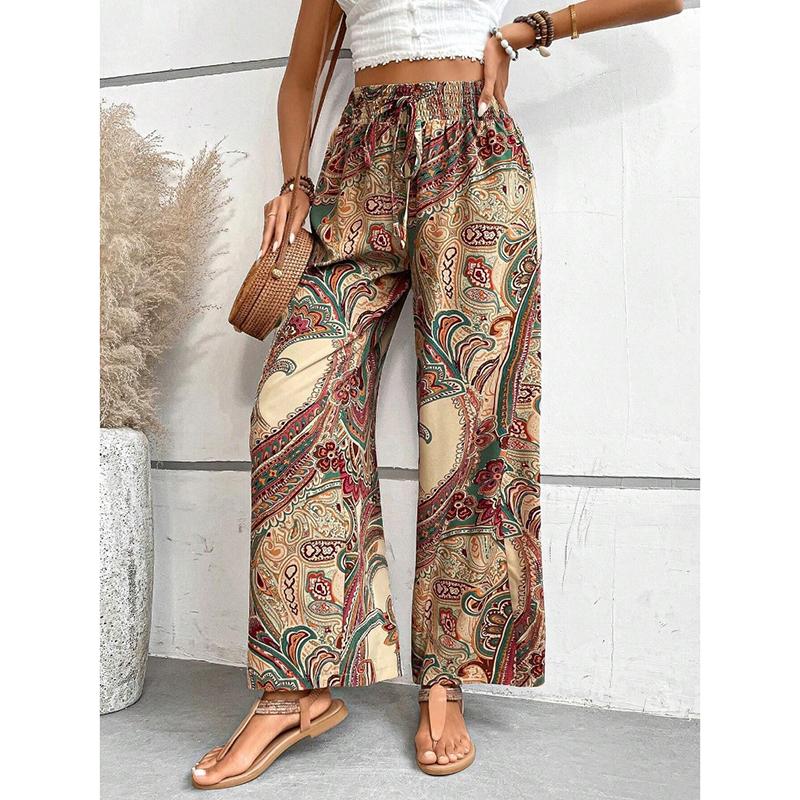 Summer New Fashion Printed Elastic Waist Wide Leg Pants Women Vintage Vacation Beach Pants Casual Woman Simple Thin Office Ladies Long Trousers 25783